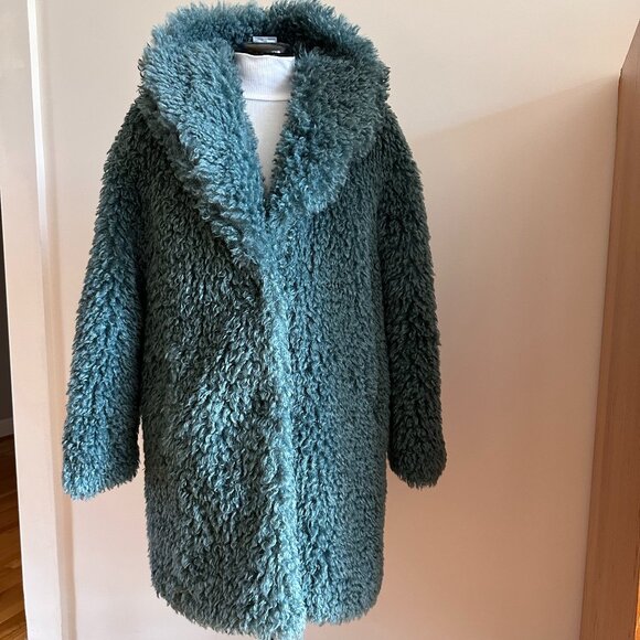 BCBGeneration Teddy Faux-Fur Blue-Green Coat L NWOT plush streetwear chic - Picture 1 of 16